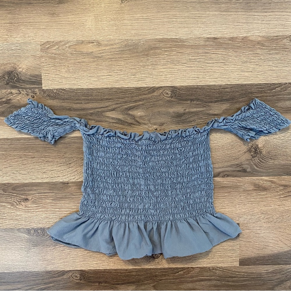 UO Truly Madly Deeply Blue Shirred Off The Shoulder Crop Top - Picture 2 of 5